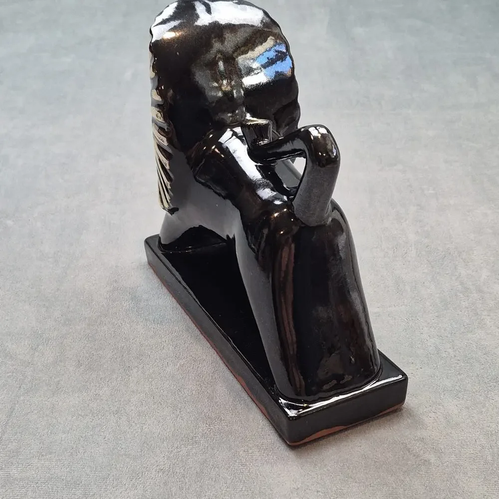 Mid Century Art Deco Roaring Lion Glossy Figurine Egyptian Reival Black & Gold